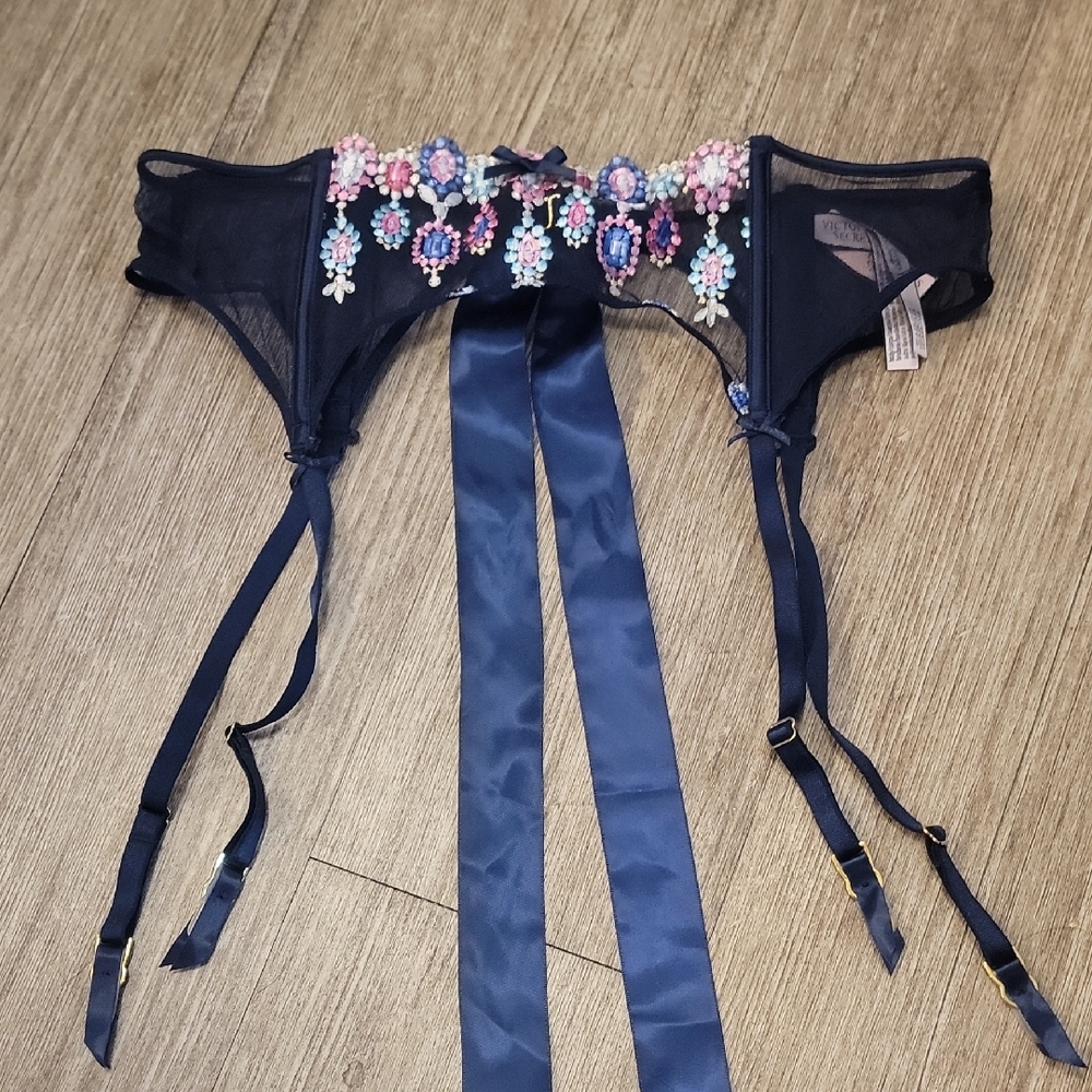 Victoria's Secret Navy Blue Floral Embroidered Garter Belt